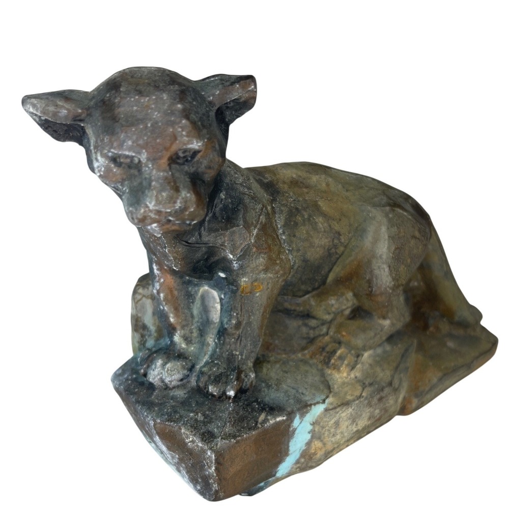 Antique Cast Iron Panther Mountain Lion Still Bank Vintage Animal Coin Bank